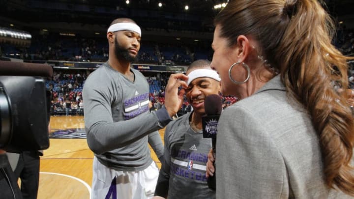 SACRAMENTO, CA - JANUARY 12: DeMarcus Cousins #15 and Isaiah Thomas #22 of the Sacramento Kings after defeating the Cleveland Cavaliers on January 12, 2014 at Sleep Train Arena in Sacramento, California. NOTE TO USER: User expressly acknowledges and agrees that, by downloading and or using this photograph, User is consenting to the terms and conditions of the Getty Images Agreement. Mandatory Copyright Notice: Copyright 2014 NBAE (Photo by Rocky Widner/NBAE via Getty Images)