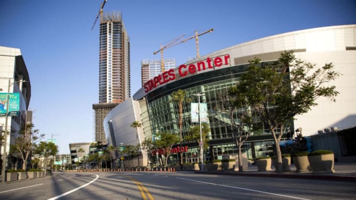 LOS ANGELES, CALIFORNIA - APRIL 21: The empty streets outside the Staples Center at LA Live on April 21, 2020 in Los Angeles, California. COVID-19 has spread to most countries around the world, claiming over 170,000 lives and infecting over 2.5 million people. (Photo by Tibrina Hobson/Getty Images)