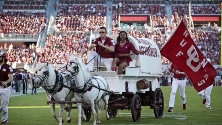 NORMAN, OK - SEPTEMBER 10 : The Sooner Schooner takes the field after a touchdown against the Louisiana Monroe Warhawks September 10, 2016 at Gaylord Family Memorial Stadium in Norman, Oklahoma. The Sooners defeated the Warhawks 59-17. (Photo by Brett Deering/Getty Images) *** local caption ***