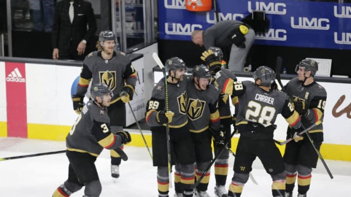 LAS VEGAS, NV - NOVEMBER 29: Vegas Golden Knights right wing Alex Tuch (89) celebrates with his teammates after winning a regular season game against the Arizona Coyotes Friday, Nov. 29, 2019, at T-Mobile Arena in Las Vegas, Nevada. (Photo by: Marc Sanchez/Icon Sportswire via Getty Images)