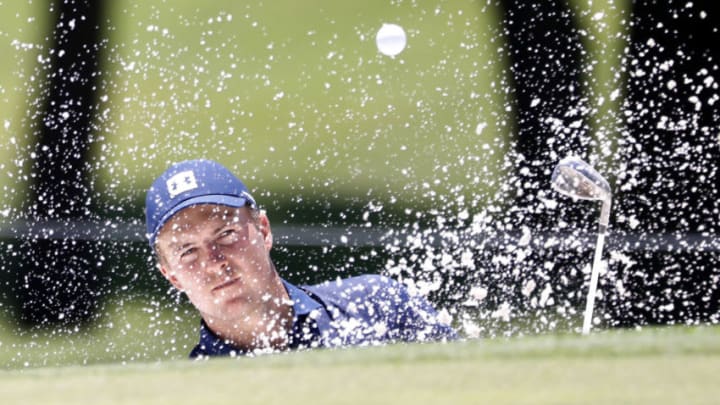 Jun 14, 2020; Fort Worth, Texas, USA; Jordan Spieth plays a shot from a bunker on the second hole during the final round of the Charles Schwab Challenge golf tournament at Colonial Country Club. Mandatory Credit: Raymond Carlin III-USA TODAY Sports