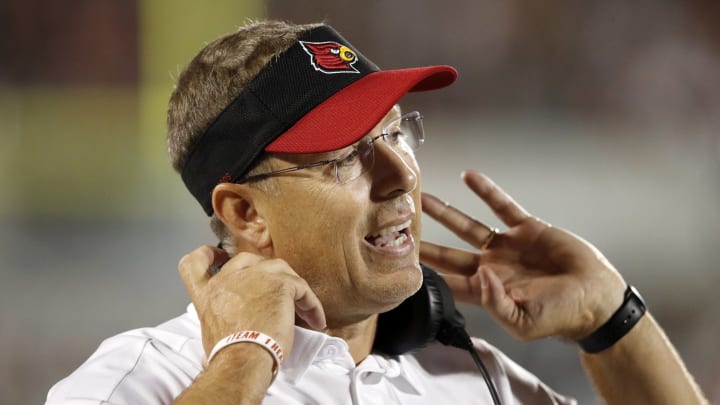LOUISVILLE, KY – SEPTEMBER 02: Head coach Scott Satterfield of the Louisville Cardinals looks on during a game against the Notre Dame Fighting Irish at Cardinal Stadium on September 2, 2019 in Louisville, Kentucky. Notre Dame defeated Louisville 35-17. (Photo by Joe Robbins/Getty Images)