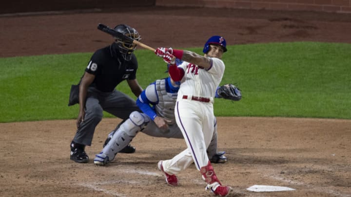 PHILADELPHIA, PA - SEPTEMBER 18: Rafael Marchan #13 of the Philadelphia Phillies hits a three run home run in the bottom of the fourth inning against the Toronto Blue Jays during Game Two of the doubleheader at Citizens Bank Park on September 18, 2020 in Philadelphia, Pennsylvania. The Phillies defeated the Blue Jays 8-7. (Photo by Mitchell Leff/Getty Images)