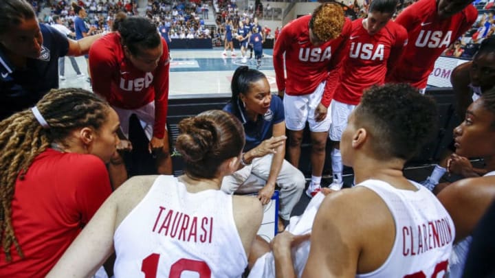 ANTIBES, FRANCE - SEPTEMBER 17: Head Coach Dawn Staley of the USA National Team coaches during the game against the France National Team on September 17, 2018 at the Azur Arena in Antibes, France. NOTE TO USER: User expressly acknowledges and agrees that, by downloading and or using this photograph, User is consenting to the terms and conditions of the Getty Images License Agreement. Mandatory Copyright Notice: Copyright 2018 NBAE. (Photo by Catherine Steenkeste/NBAE via Getty Images)