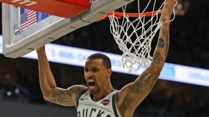 MILWAUKEE, WISCONSIN – MAY 08: George Hill #3 of the Milwaukee Bucks yells after a dunk against the Boston Celtics at Fiserv Forum on May 08, 2019 in Milwaukee, Wisconsin. The Bucks defeated the Celtics 116-91. NOTE TO USER: User expressly acknowledges and agrees that, by downloading and or using this photograph, User is consenting to the terms and conditions of the Getty Images License Agreement. (Photo by Jonathan Daniel/Getty Images)