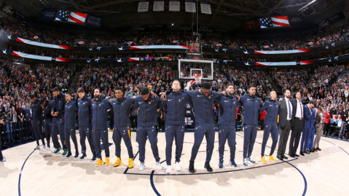 SALT LAKE CITY, UT - DECEMBER 27: The Utah Jazz stand for the National Anthem prior to the game against the Philadelphia 76ers on December 27, 2018 at vivint.SmartHome Arena in Salt Lake City, Utah. NOTE TO USER: User expressly acknowledges and agrees that, by downloading and or using this Photograph, User is consenting to the terms and conditions of the Getty Images License Agreement. Mandatory Copyright Notice: Copyright 2018 NBAE (Photo by Melissa Majchrzak/NBAE via Getty Images)