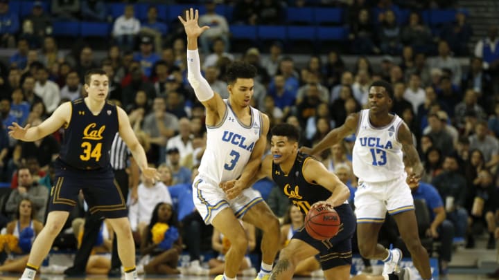 LOS ANGELES, CALIFORNIA – JANUARY 05: Matt Bradley #20 of the California Golden Bears tries to drive around a screen from Jules Bernard #3 of the UCLA Bruins during the second half at Pauley Pavilion on January 05, 2019 in Los Angeles, California. (Photo by Katharine Lotze/Getty Images)