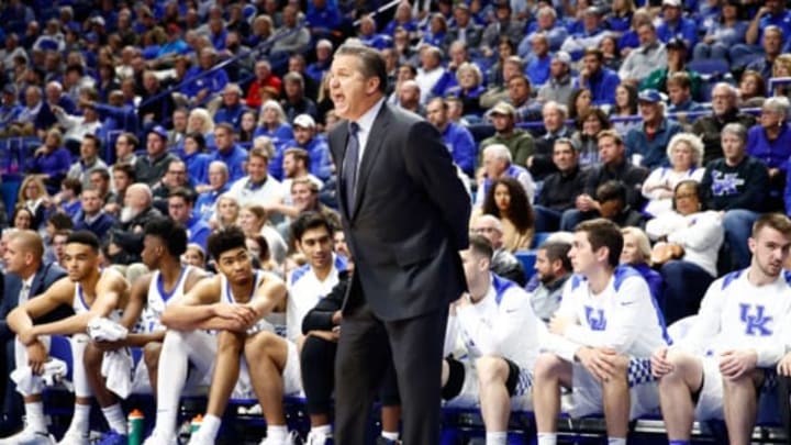 LEXINGTON, KY – NOVEMBER 10: John Calipari the head coach of the Kentucky Wildcats gives instructions to his team against the Utah Valley Wolverines at Rupp Arena on November 10, 2017 in Lexington, Kentucky. (Photo by Andy Lyons/Getty Images)