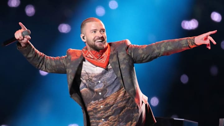MINNEAPOLIS, MN - FEBRUARY 04: Recording artist Justin Timberlake performs onstage during the Pepsi Super Bowl LII Halftime Show at U.S. Bank Stadium on February 4, 2018 in Minneapolis, Minnesota. (Photo by Christopher Polk/Getty Images)