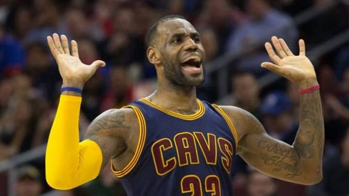 Jan 10, 2016; Philadelphia, PA, USA; Cleveland Cavaliers forward LeBron James (23) reacts after a score against the Philadelphia 76ers during the second half at Wells Fargo Center. The Cleveland Cavaliers won 95-85. Mandatory Credit: Bill Streicher-USA TODAY Sports