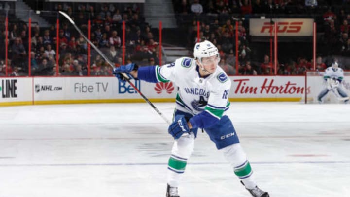 OTTAWA, ON – JANUARY 2: Jake Virtanen #18 of Vancouver Canucks shoots the puck against the Ottawa Senators at Canadian Tire Centre on January 2, 2019 in Ottawa, Ontario, Canada. (Photo by Jana Chytilova/Freestyle Photography/Getty Images)