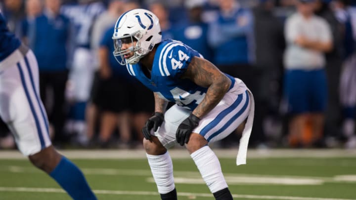 INDIANAPOLIS, IN – DECEMBER 31: Indianapolis Colts inside linebacker Antonio Morrison (44) lines up before the snap during the NFL game between the Indianapolis Colts and Houston Texans on December 31, 2017, at Lucas Oil Stadium in Indianapolis, IN. (Photo by Zach Bolinger/Icon Sportswire via Getty Images)