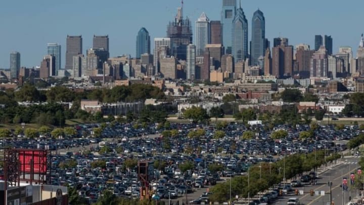 Sep 25, 2016; Philadelphia, PA, USA; The parking lot outside Lincoln Financial Field as fans tailgate with the Philadelphia skyline in the background before a game between the Philadelphia Eagles and the Pittsburgh Steelers. The Philadelphia Eagles won 34-3. Mandatory Credit: Bill Streicher-USA TODAY Sports
