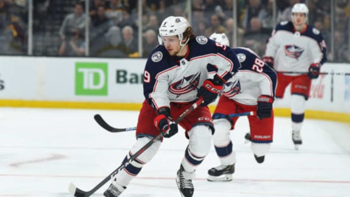 BOSTON, MA – APRIL 25: Artemi Panarin #9 of the Columbus Blue Jackets skates against the Boston Bruins in Game One of the Eastern Conference Second Round during the 2019 NHL Stanley Cup Playoffs at the TD Garden on April 25, 2019 in Boston, Massachusetts. (Photo by Steve Babineau/NHLI via Getty Images)