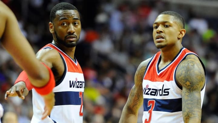 Washington Wizards guards John Wall (2) and Bradley Beal (3) are two expensive options to consider in today's FanDuel daily picks. Mandatory Credit: Brad Mills-USA TODAY Sports