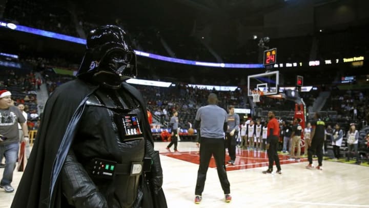 Dec 16, 2015; Atlanta, GA, USA; Darth Vader is shown on the court during Star Wars Night before the Atlanta Hawks and Philadelphia 76ers game at Philips Arena. Mandatory Credit: Jason Getz-USA TODAY Sports