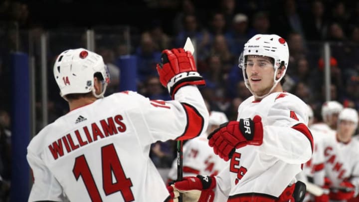 UNIONDALE, NEW YORK - MARCH 07: Haydn Fleury #4 of the Carolina Hurricanes celebrates his goal against the New York Islanders at 13:22 of the Carolina Hurricanes at NYCB Live's Nassau Coliseum on March 07, 2020 in Uniondale, New York. (Photo by Bruce Bennett/Getty Images)
