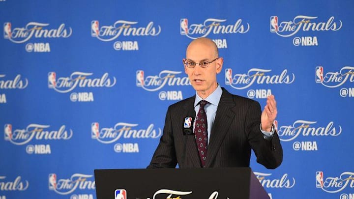 June 2, 2016; Oakland, CA, USA; NBA commissioner Adam Silver speaks to media before the Golden State Warriors play against the Cleveland Cavaliers in game one of the NBA Finals at Oracle Arena. Mandatory Credit: Bob Donnan-USA TODAY Sports