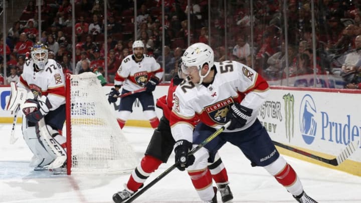 NEWARK, NJ - OCTOBER 14: MacKenzie Weegar #52 of the Florida Panthers skates with the puck during the third period against the New Jersey Devils on October 14, 2019 at the Prudential Center in Newark, New Jersey. The Panthers defeated the Devils 6-4. (Photo by Andy Marlin/NHLI via Getty Images)