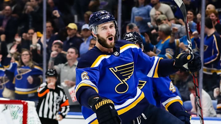ST. LOUIS, MO - OCTOBER 11: St. Louis Blues' Joel Edmundson celebrates after scoring a goal during the first period of an NHL hockey game between the St. Louis Blues and the Calgary Flames on October 11, 2018, at the Enterprise Center in St. Louis, MO. (Photo by Tim Spyers/Icon Sportswire via Getty Images)
