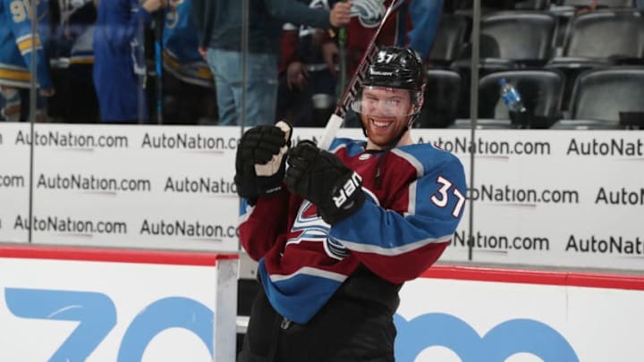 DENVER, CO - APRIL 07: J.T. Compher #37 of the Colorado Avalanche smiles after the victory against the St. Louis Blues at the Pepsi Center on April 7, 2018 in Denver, Colorado. The Avalanche defeated the Blues 5-2. (Photo by Michael Martin/NHLI via Getty Images)