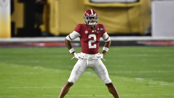 MIAMI GARDENS, FLORIDA – JANUARY 11: Patrick Surtain II #2 of the Alabama Crimson Tide warms up before the College Football Playoff National Championship football game against the Ohio State Buckeyes at Hard Rock Stadium on January 11, 2021 in Miami Gardens, Florida. The Alabama Crimson Tide defeated the Ohio State Buckeyes 52-24. (Photo by Alika Jenner/Getty Images)