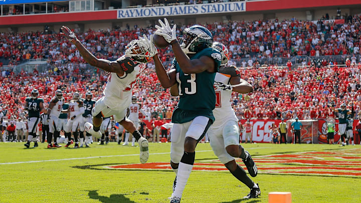 TAMPA, FL - SEPTEMBER 16: Nelson Agholor #13 of the Philadelphia Eagles catches a touchdown pass against the Tampa Bay Buccaneers during the second half at Raymond James Stadium on September 16, 2018 in Tampa, Florida. (Photo by Michael Reaves/Getty Images)