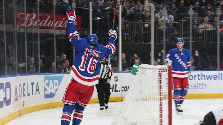 NEW YORK, NY – FEBRUARY 23: Ryan Strome #16 of the New York Rangers reacts after scoring a goal in the first period against the New Jersey Devils at Madison Square Garden on February 23, 2019 in New York City. (Photo by Jared Silber/NHLI via Getty Images)