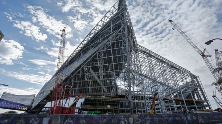 Sep 20, 2015; Minneapolis, MN, USA; US Bank Stadium, the new stadium for the Minnesota Vikings, topped off with its highest beam this week. The Vikings play the Detroit Lions at TCF Bank Stadium today. Mandatory Credit: Bruce Kluckhohn-USA TODAY Sports