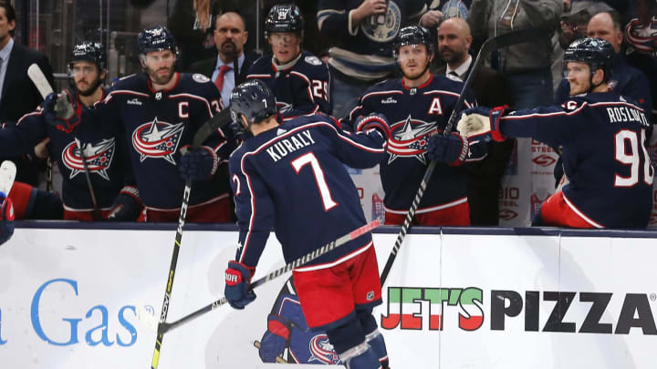 Jan 21, 2023; Columbus, Ohio, USA; Columbus Blue Jackets center Sean Kuraly (7) celebrates his goal against the San Jose Sharks during the third period at Nationwide Arena. Mandatory Credit: Russell LaBounty-USA TODAY Sports