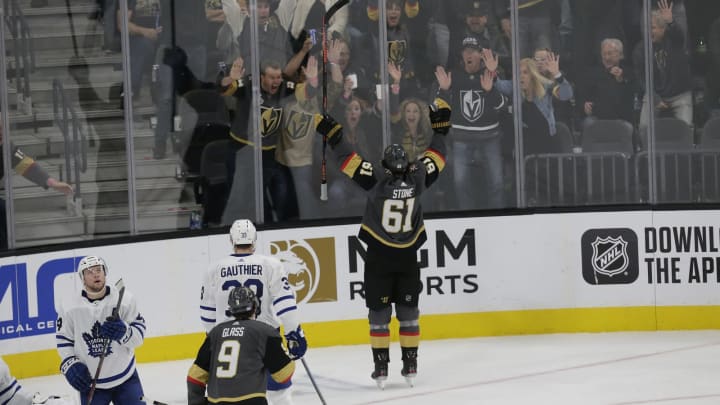 LAS VEGAS, NV – NOVEMBER 19: Vegas Golden Knights right wing Mark Stone (61) celebrates after scoring a goal against the Toronto Maple Leafs during a regular season game Tuesday, Nov. 19, 2019, at T-Mobile Arena in Las Vegas, Nevada. (Photo by: Marc Sanchez/Icon Sportswire via Getty Images)