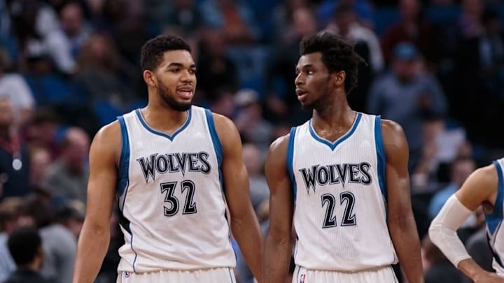 Minnesota Timberwolves center Karl-Anthony Towns (32) and guard Andrew Wiggins (22) anchor my FanDuel daily picks lineup for today. Mandatory Credit: Brad Rempel-USA TODAY Sports