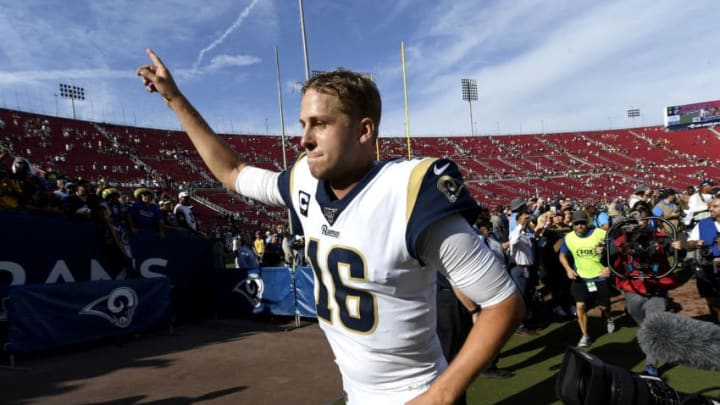 LOS ANGELES, CALIFORNIA - SEPTEMBER 15: Jared Goff #16 of the Los Angeles Rams walks off the field after his teams 27-9 win over the New Orleans Saints in the game at Los Angeles Memorial Coliseum on September 15, 2019 in Los Angeles, California. (Photo by Kevork Djansezian/Getty Images)
