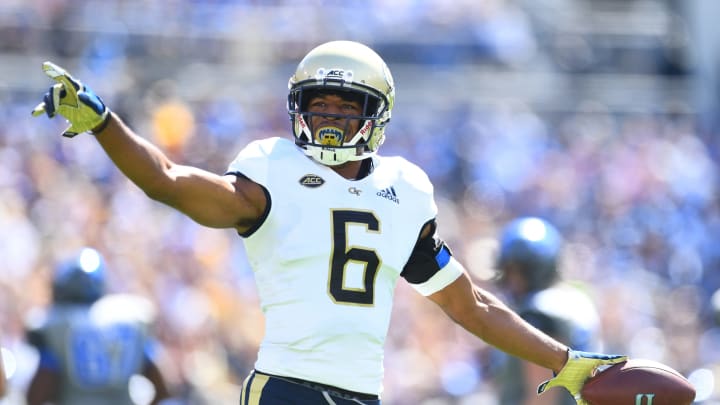 ATLANTA, GA – OCTOBER 13: Lamont Simmons #6 of the Georgia Tech Yellow Jackets celebrates after an interception against the Duke Blue Devils on October 13, 2018 in Atlanta, Georgia. (Photo by Scott Cunningham/Getty Images)