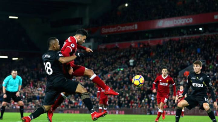 Alex Oxlade-Chamberlain of Liverpool scores his sides fifth goal during the Premier League match between Liverpool and Swansea City at Anfield. (Pic by Jan Kruger for Getty Images)