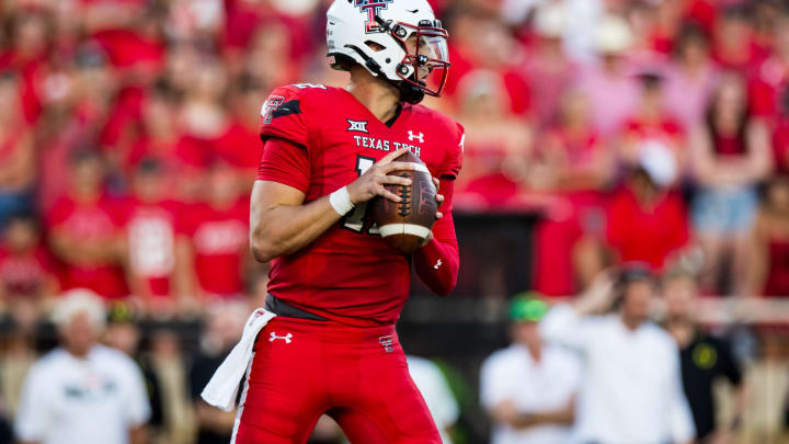 LUBBOCK, TEXAS – SEPTEMBER 09: Tyler Shough #12 of the Texas Tech Red Raiders looks to pass during the first half of the game against the Oregon Ducks at Jones AT&T Stadium on September 09, 2023 in Lubbock, Texas. (Photo by John E. Moore III/Getty Images)