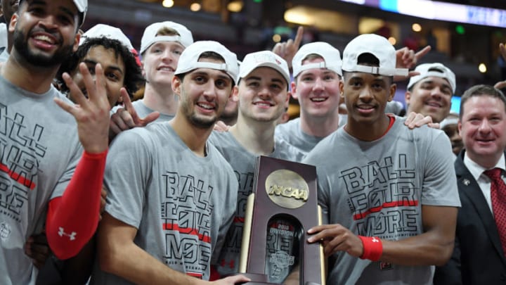ANAHEIM, CALIFORNIA - MARCH 30: The Texas Tech Red Raiders celebrate with the 2019 NCAA Men's Basketball Tournament West Regional trophy after defeating the Gonzaga Bulldogs at Honda Center on March 30, 2019 in Anaheim, California. (Photo by Harry How/Getty Images)