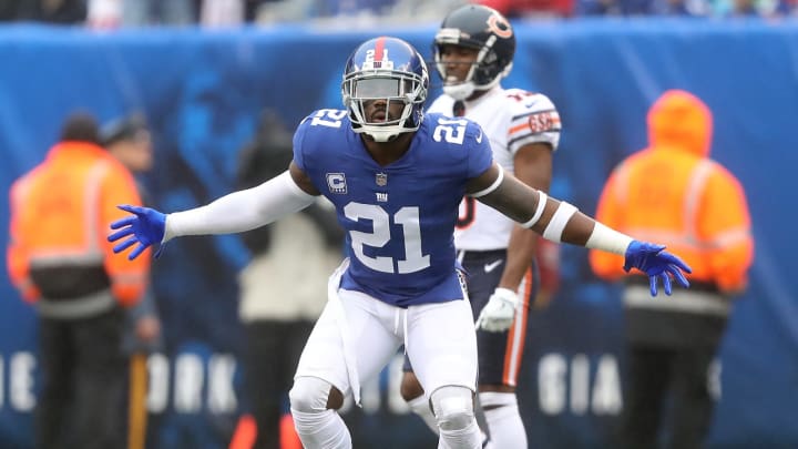 EAST RUTHERFORD, NEW JERSEY – DECEMBER 02: Landon Collins #21 of the New York Giants reacts after being called for pass interference during the first quarter against the Chicago Bears at MetLife Stadium on December 02, 2018 in East Rutherford, New Jersey. (Photo by Elsa/Getty Images)