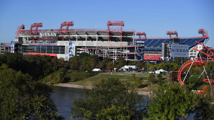 Oct 18, 2021; Nashville, Tennessee, USA; View of Nissan Stadium before the Tennessee Titans game against the Buffalo Bills. Mandatory Credit: Christopher Hanewinckel-USA TODAY Sports