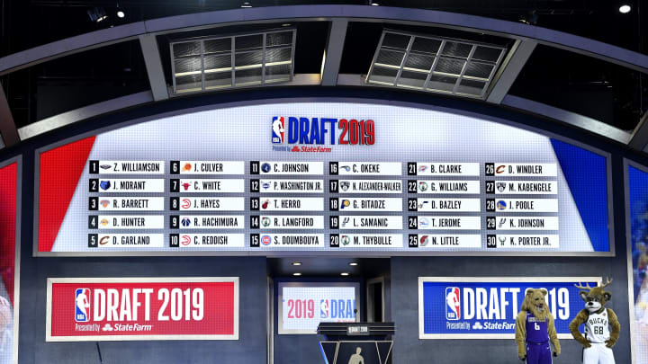 The first round draft board is seen during the 2019 NBA Draft  (Photo by Sarah Stier/Getty Images)