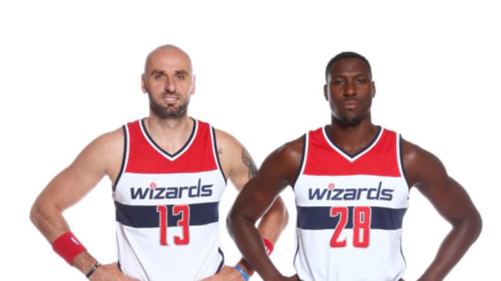 WASHINGTON, DC – SEPTEMBER 26: Marcin Gortat #13 and Ian Mahinmi #28 of the Washington Wizards poses for a portrait during the 2016-2017 Media Day on September 26, 2016 at the Verizon Center in Washington, DC. Copyright 2016 NBAE (Photo by Ned Dishman/NBAE via Getty Images)