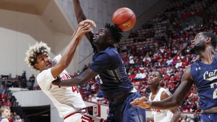 BLOOMINGTON, IN - NOVEMBER 09: Jake Forrester #4 of the Indiana Hoosiers battles for a rebound against Usman Haruna #21 of the Montana State Bobcats in the second half of the game at Assembly Hall on November 9, 2018 in Bloomington, Indiana. The Hoosiers won 80-35. (Photo by Joe Robbins/Getty Images)