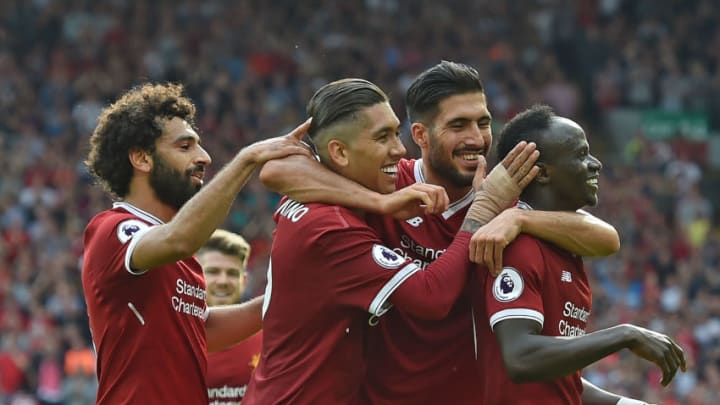 LIVERPOOL, ENGLAND - AUGUST 27: (THE SUN OUT, THE SUN ON SUNDAY OUT) Sadio Mane of Liverpool celebrates the second during the Premier League match between Liverpool and Arsenal at Anfield on August 27, 2017 in Liverpool, England. (Photo by Andrew Powell/Liverpool FC via Getty Images)
