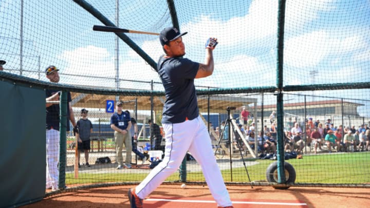 LAKELAND, FL - FEBRUARY 18: Miguel Cabrera #24 of the Detroit Tigers bats during Spring Training workouts at the TigerTown Facility on February 18, 2020 in Lakeland, Florida. (Photo by Mark Cunningham/MLB Photos via Getty Images)