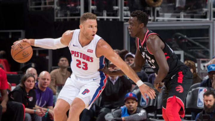 DETROIT, MI – MARCH 07: Pascal Siakam #43 of the Toronto Raptors defends against Blake Griffin #23 of the Detroit Pistons in the second half of an NBA game at Little Caesars Arena on March 7, 2018 in Detroit, Michigan. NOTE TO USER: User expressly acknowledges and agrees that, by downloading and or using this photograph, User is consenting to the terms and conditions of the Getty Images License Agreement. The Raptors defeat the Pistons 121-119. (Photo by Dave Reginek/Getty Images)