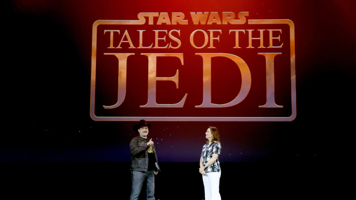 ANAHEIM, CALIFORNIA – SEPTEMBER 10: (L-R) Dave Filoni and Kathleen Kennedy, President of Lucasfilm, speak onstage during D23 Expo 2022 at Anaheim Convention Center in Anaheim, California on September 10, 2022. (Photo by Jesse Grant/Getty Images for Disney)
