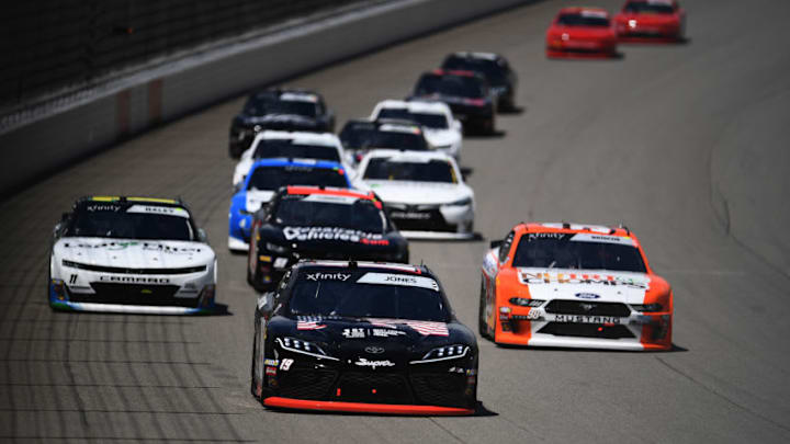 BROOKLYN, MICHIGAN - JUNE 08: Brandon Jones, driver of the #19 1st Foundation Toyota, leads a pack of cars during the NASCAR Xfinity Series LTi Printing 250 at Michigan International Speedway on June 08, 2019 in Brooklyn, Michigan. (Photo by Stacy Revere/Getty Images) BROOKLYN, MICHIGAN - JUNE 08: Brandon Jones, driver of the #19 1st Foundation Toyota, leads a pack of cars during the NASCAR Xfinity Series LTi Printing 250 at Michigan International Speedway on June 08, 2019 in Brooklyn, Michigan. (Photo by Stacy Revere/Getty Images)