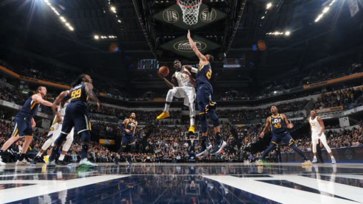 INDIANAPOLIS, IN - MARCH 7: Victor Oladipo #4 of the Indiana Pacers drives to the basket against the Utah Jazz on March 7, 2018 at Bankers Life Fieldhouse in Indianapolis, Indiana. NOTE TO USER: User expressly acknowledges and agrees that, by downloading and or using this Photograph, user is consenting to the terms and conditions of the Getty Images License Agreement. Mandatory Copyright Notice: Copyright 2018 NBAE (Photo by Ron Hoskins/NBAE via Getty Images)