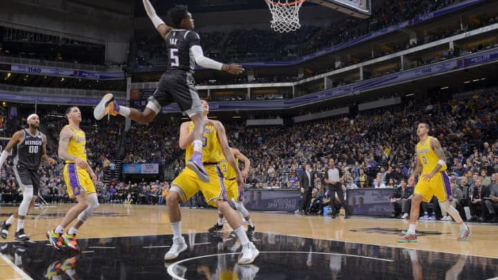 SACRAMENTO, CA - DECEMBER 27: De'Aaron Fox #5 of the Sacramento Kings dunks the ball during the game against the Los Angeles Lakers on December 27, 2018 at Golden 1 Center in Sacramento, California. NOTE TO USER: User expressly acknowledges and agrees that, by downloading and or using this Photograph, user is consenting to the terms and conditions of the Getty Images License Agreement. Mandatory Copyright Notice: Copyright 2018 NBAE (Photo by Rocky Widner/NBAE via Getty Images)
