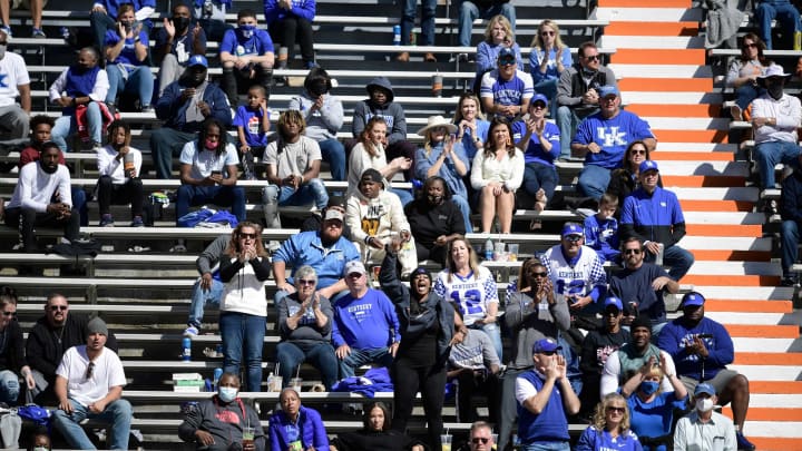 Oct 17, 2020; Knoxville, TN, USA; Kentucky fans cheer during the second half of a game between Tennessee and Kentucky at Neyland Stadium in Knoxville, Tenn. on Saturday, Oct. 17, 2020. Mandatory Credit: Calvin Mattheis-USA TODAY NETWORK